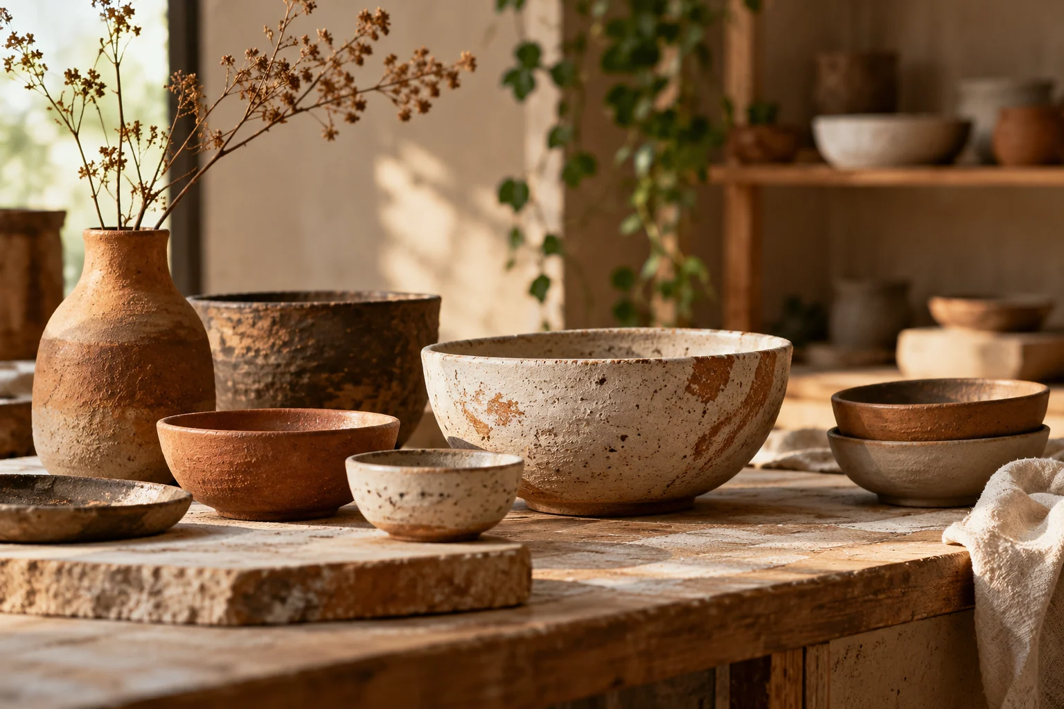 AI-created editorial illustration: An artist’s ceramics worktable with a small collection of handmade bowls and natural clay textures, no tools in use.