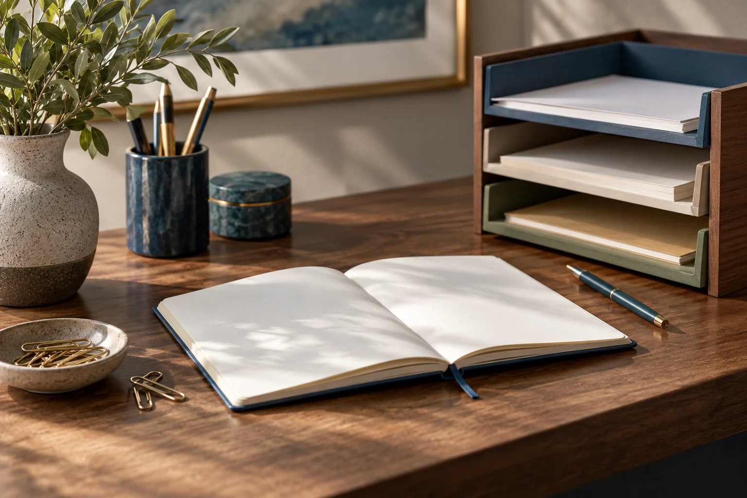 AI-created editorial illustration: An editorial still life of a blank notebook, simple paper clips and a labeled-by-color document tray on a quiet desk, no readable text.