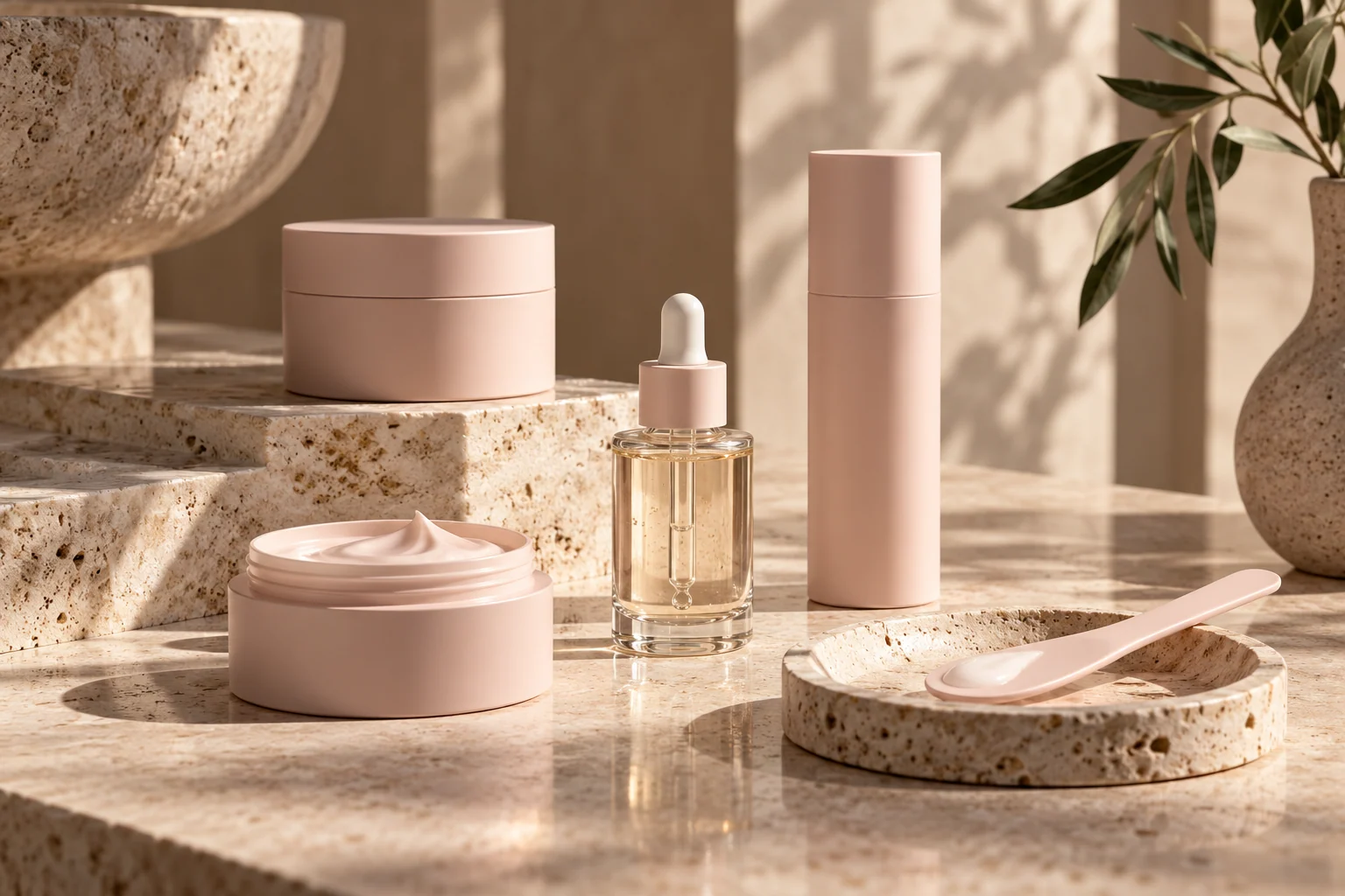 AI-created editorial illustration: Minimal pale-pink cosmetic containers, a cosmetic spatula and translucent glass serum vial on creamy travertine, sculptural shadows and a restrained Parisian editorial mood.